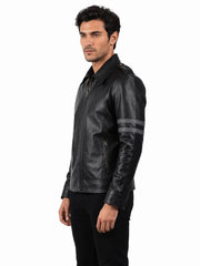 Men's black sheepskin leather jacket, side view