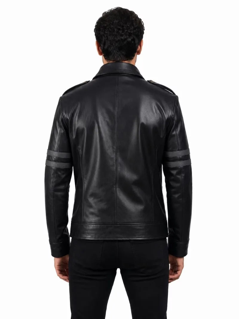Men's black sheepskin leather jacket, back view