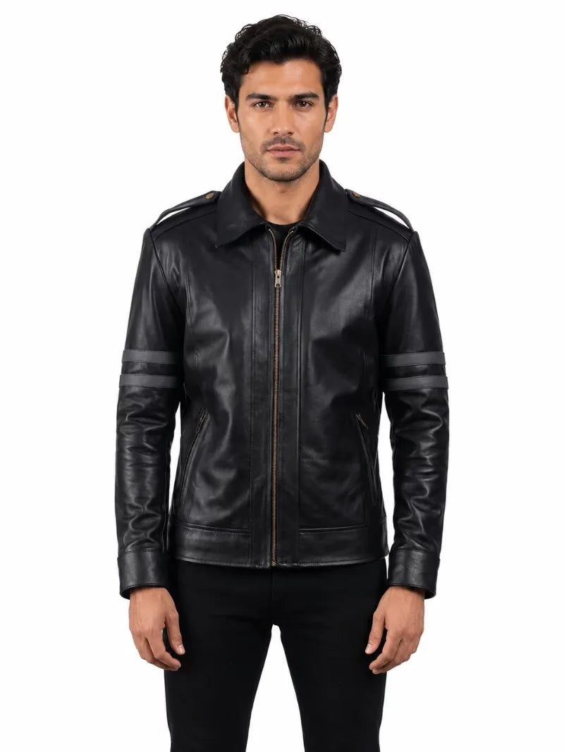 Men's black sheepskin leather jacket, front view
