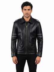 Men's black sheepskin leather jacket, front view