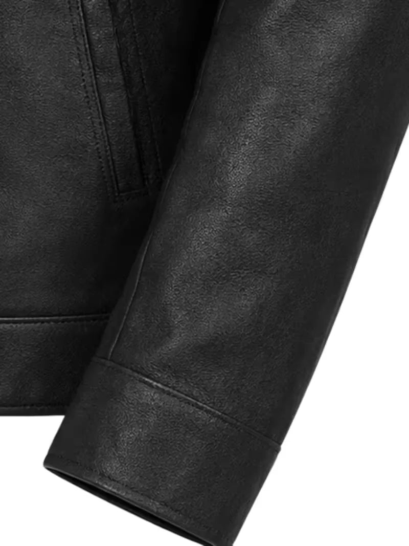 Men's black sheepskin leather jacket, lining detail