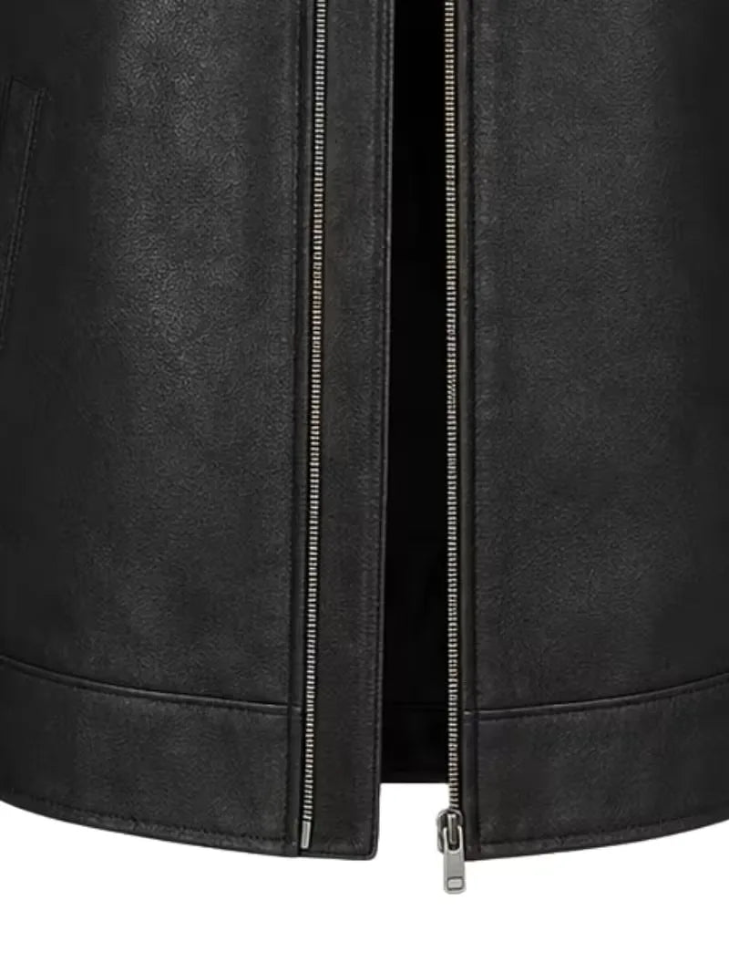 Men's black sheepskin leather jacket, pocket detail