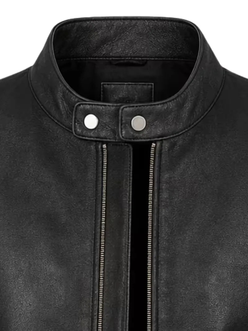 Men's black sheepskin leather jacket, zip and closure detail