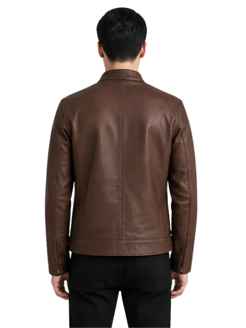 Men's black sheepskin leather jacket, collar detail