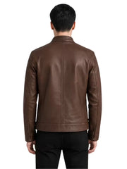 Men's black sheepskin leather jacket, collar detail