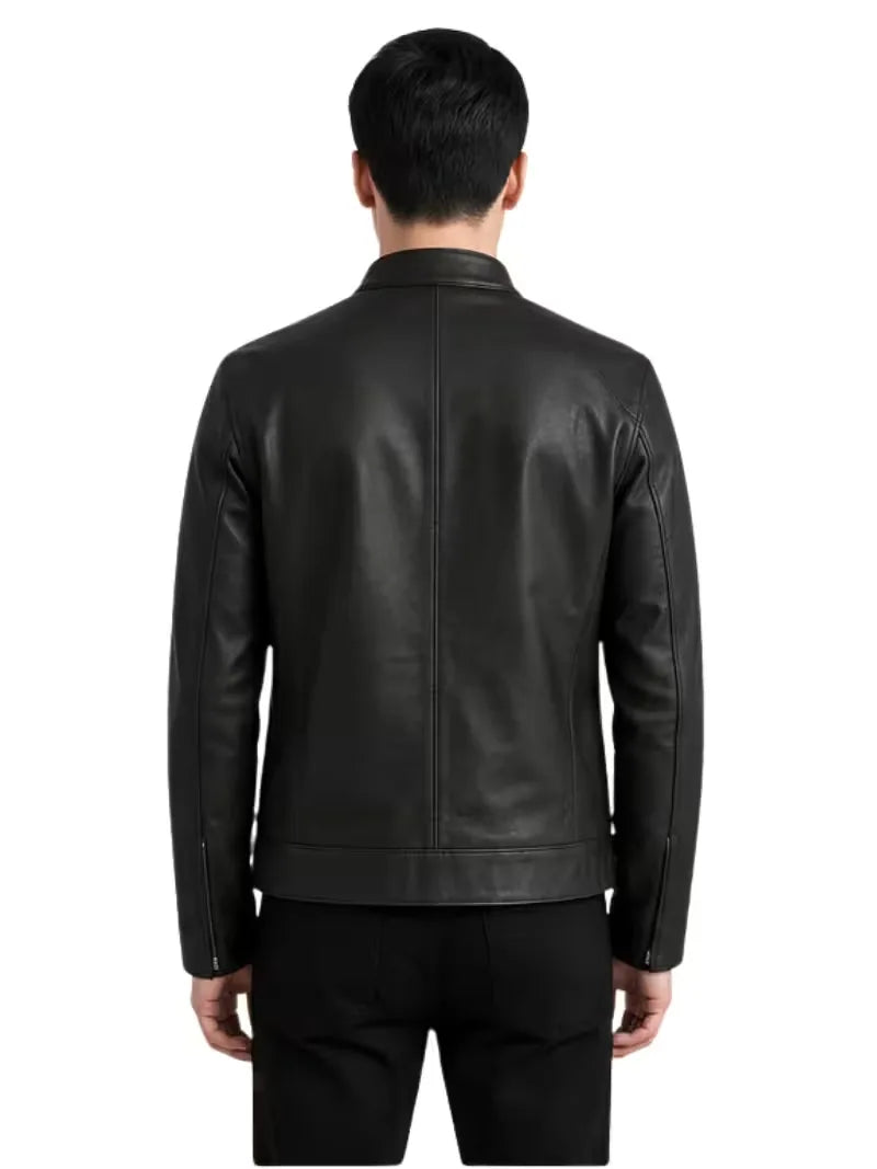 Men's black sheepskin leather jacket, back view