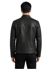Men's black sheepskin leather jacket, back view