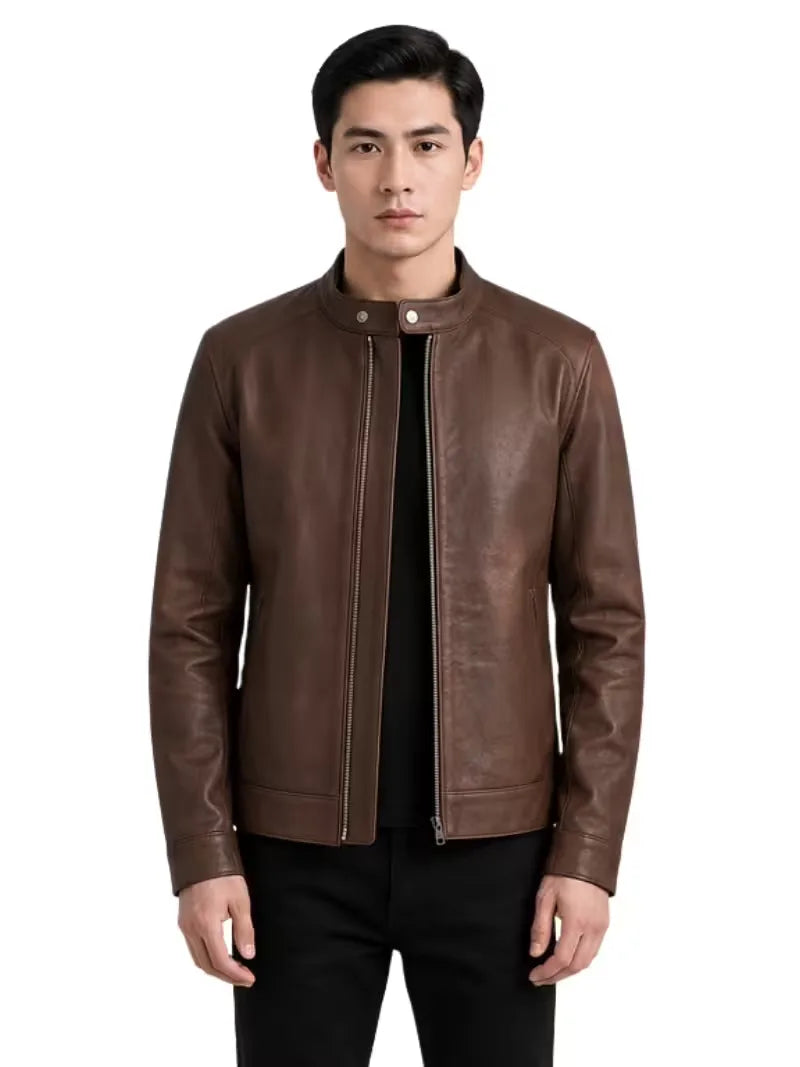 Men's black sheepskin leather jacket, side view