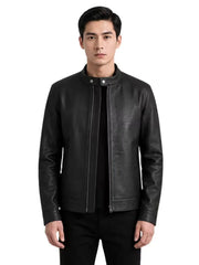 Men's black sheepskin leather jacket, front view
