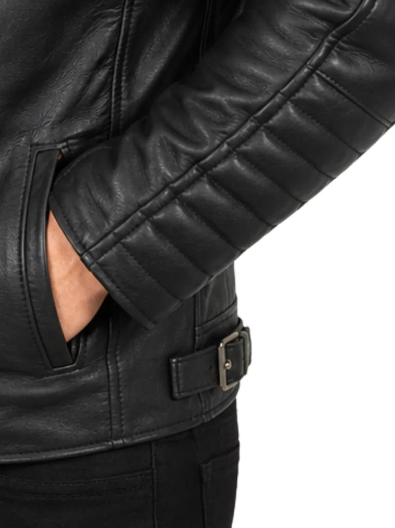 Men's black sheepskin leather jacket, lining detail