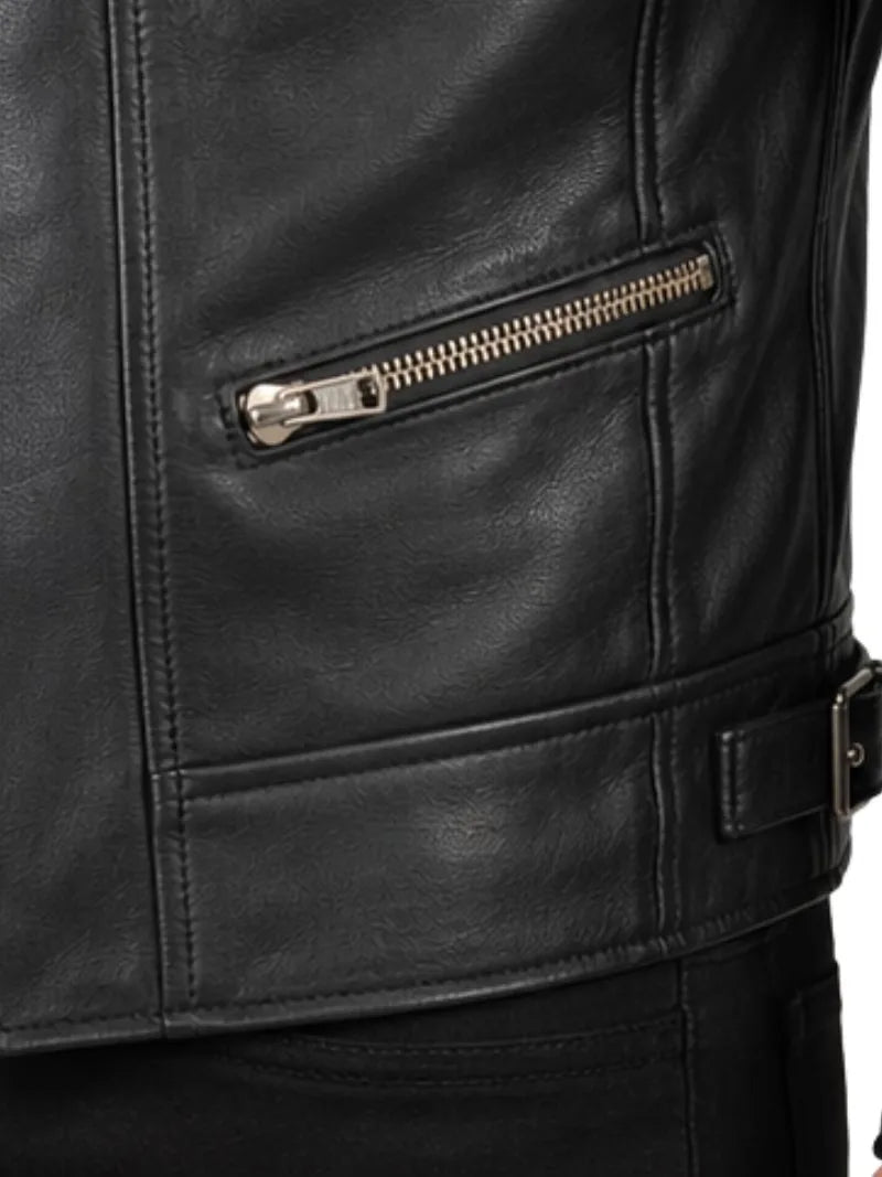 Men's black sheepskin leather jacket, pocket detail