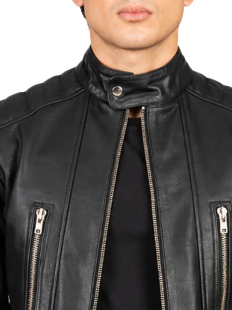 Men's black sheepskin leather jacket, zip and closure detail