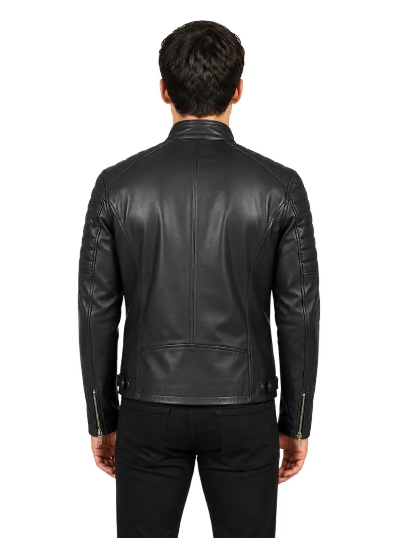 Men's black sheepskin leather jacket, back view