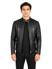 Men's black sheepskin leather jacket, front view