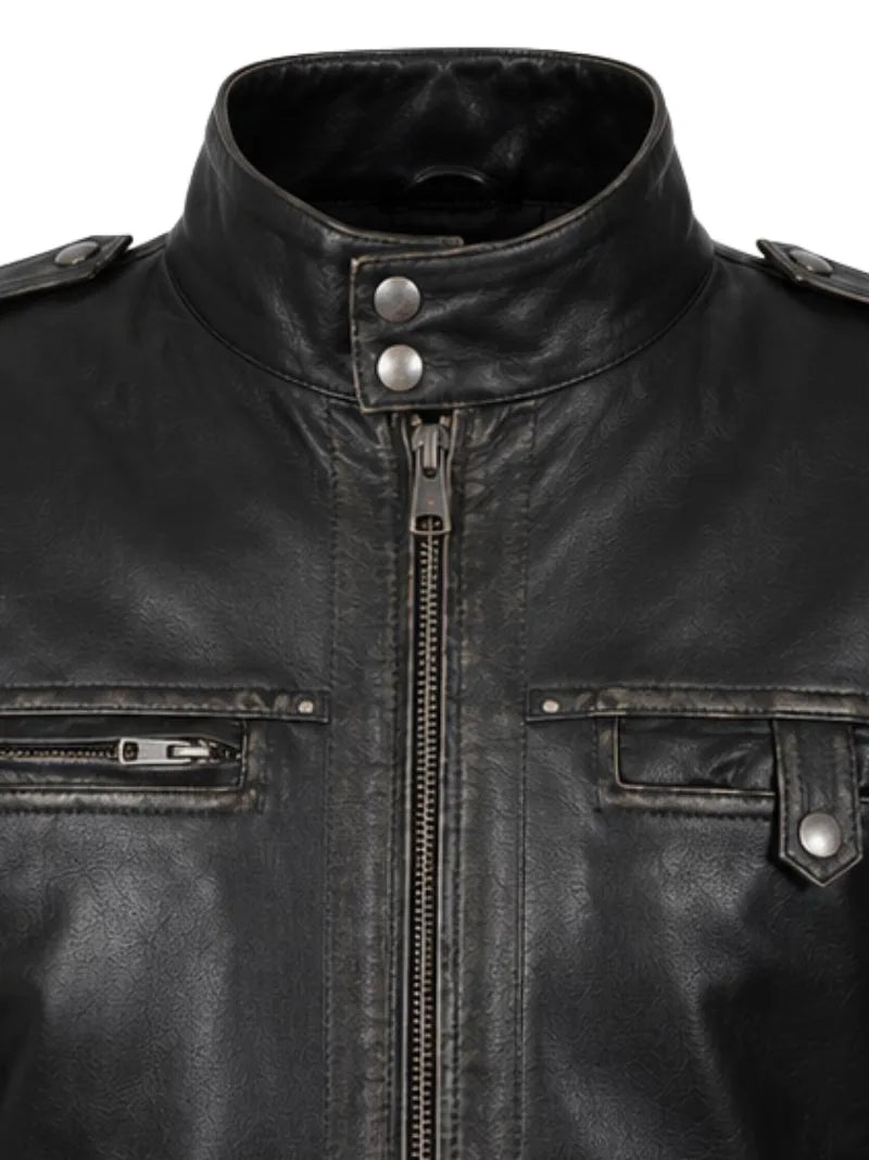 Men's black sheepskin leather jacket, zip and closure detail