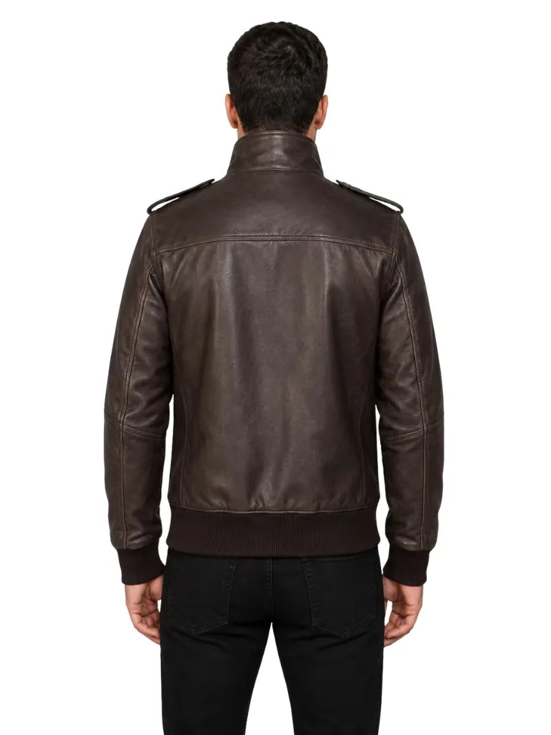 Men's black sheepskin leather jacket, side view