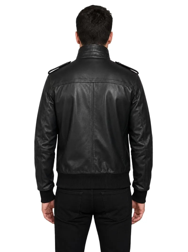 Men's black sheepskin leather jacket, back view