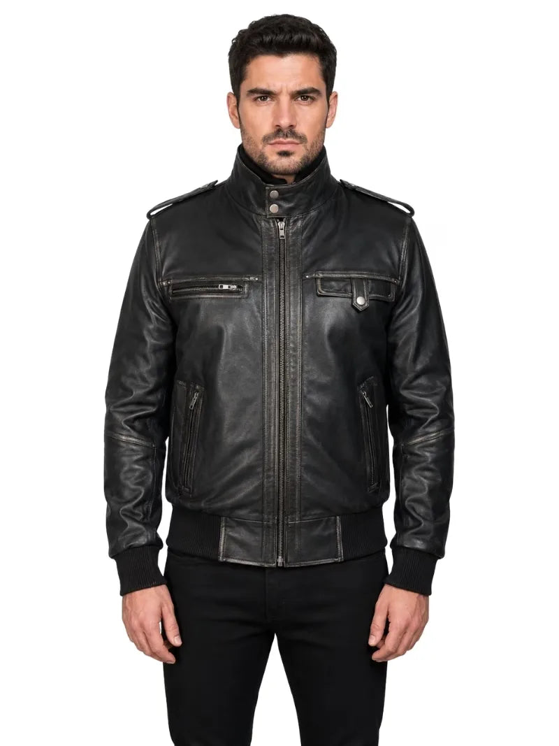 Men's black sheepskin leather jacket, front view
