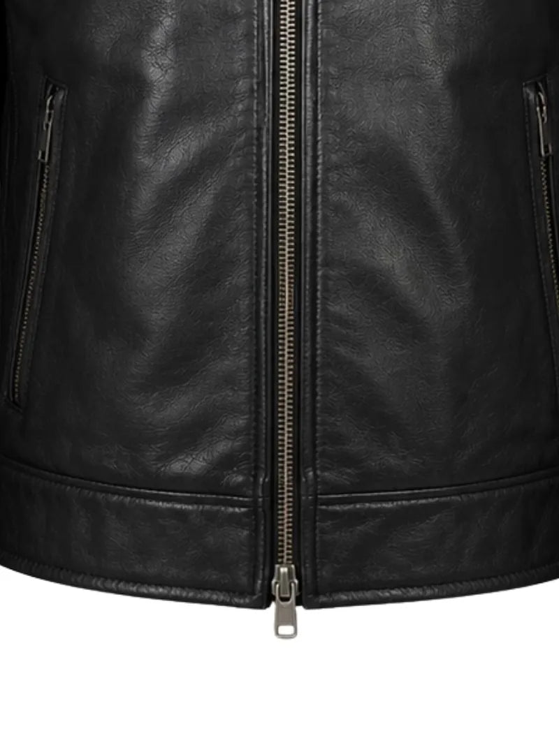 Men's black sheepskin leather jacket, pocket detail