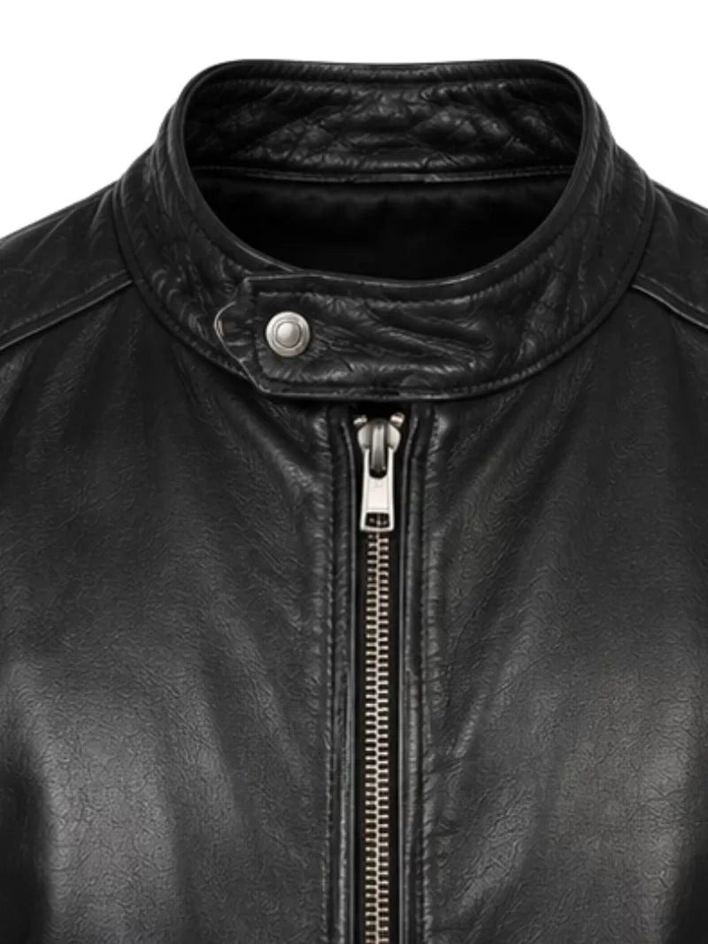 Men's black sheepskin leather jacket, zip and closure detail