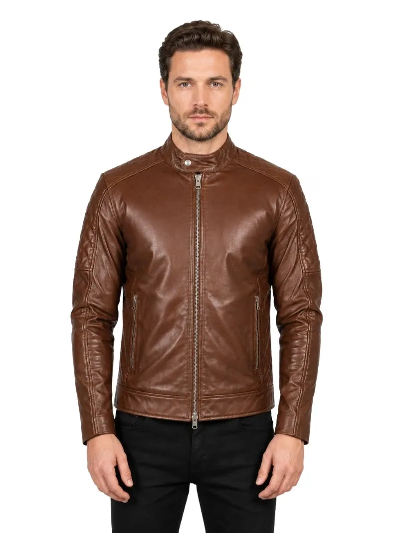Men's black sheepskin leather jacket, side view