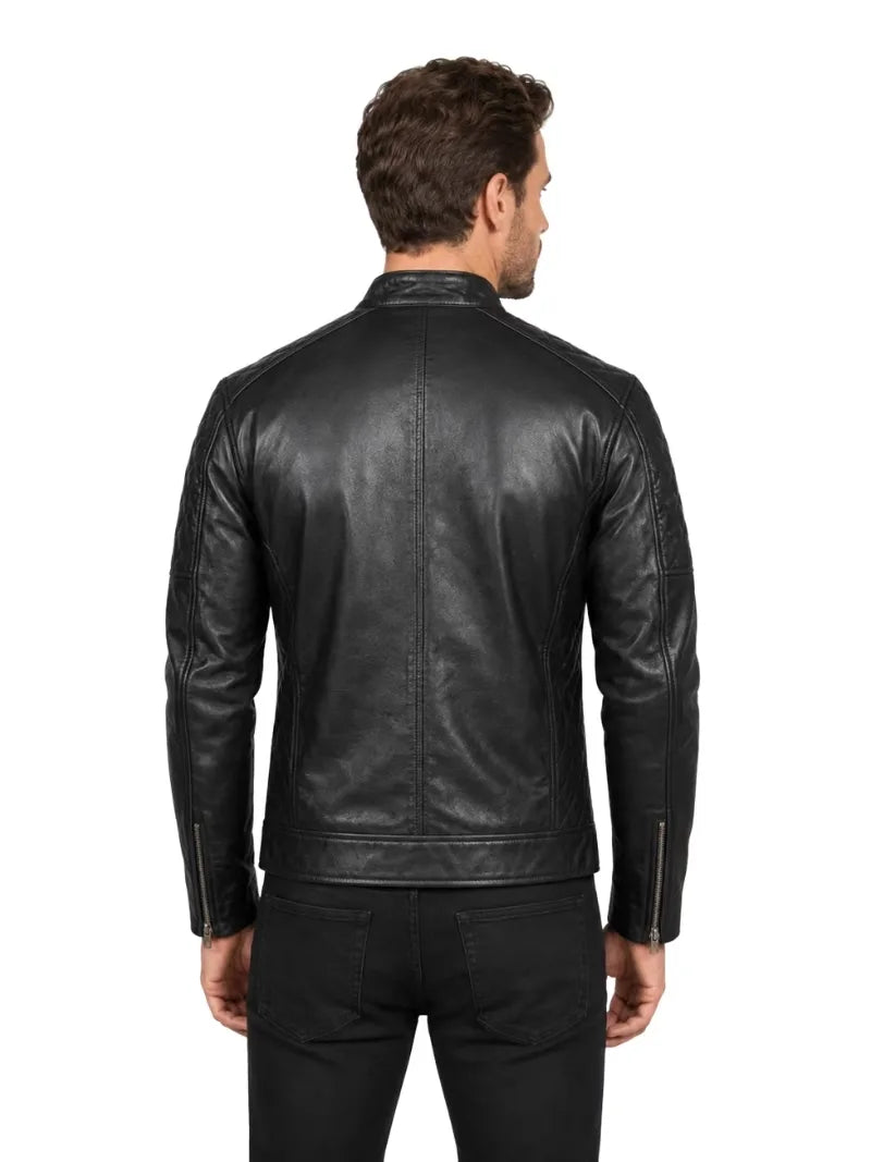 Men's black sheepskin leather jacket, back view