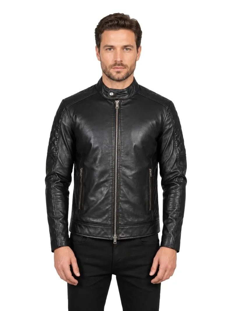 Men's black sheepskin leather jacket, front view