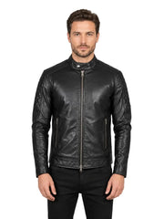 Men's black sheepskin leather jacket, front view