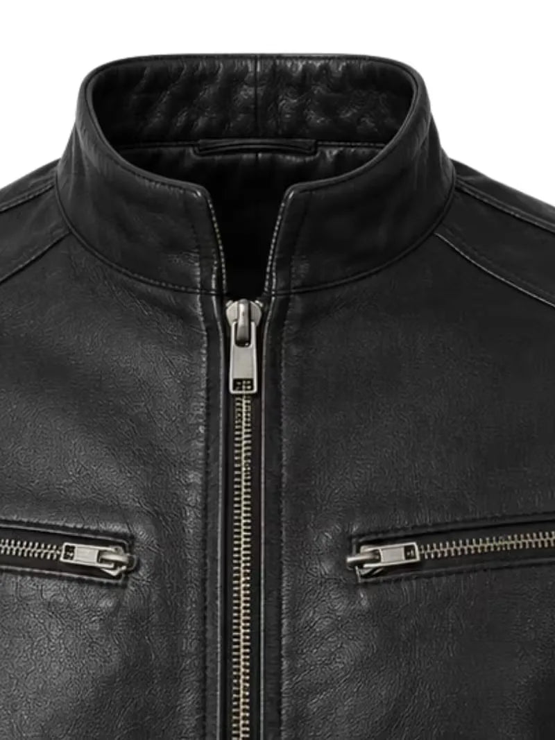 Men's black sheepskin leather jacket, zip and closure detail