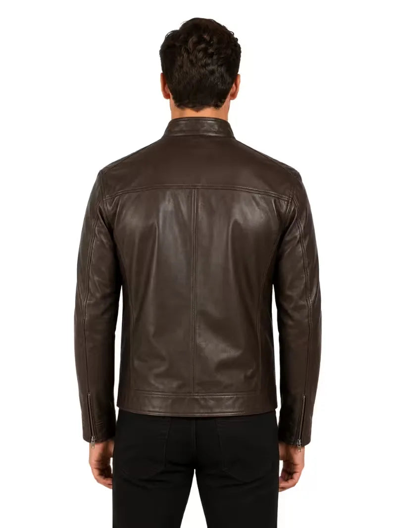 Men's black sheepskin leather jacket, collar detail