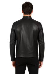 Men's black sheepskin leather jacket, back view