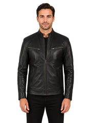 Men's black sheepskin leather jacket, front view