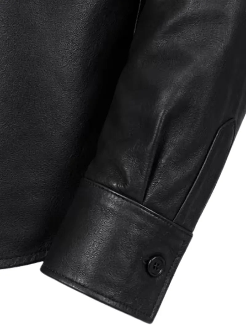 Men's black sheepskin leather shirt jacket, lining detail