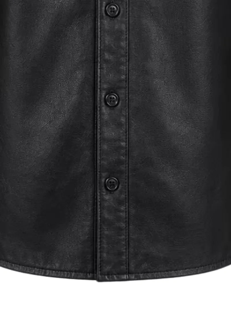 Men's black sheepskin leather shirt jacket, pocket detail