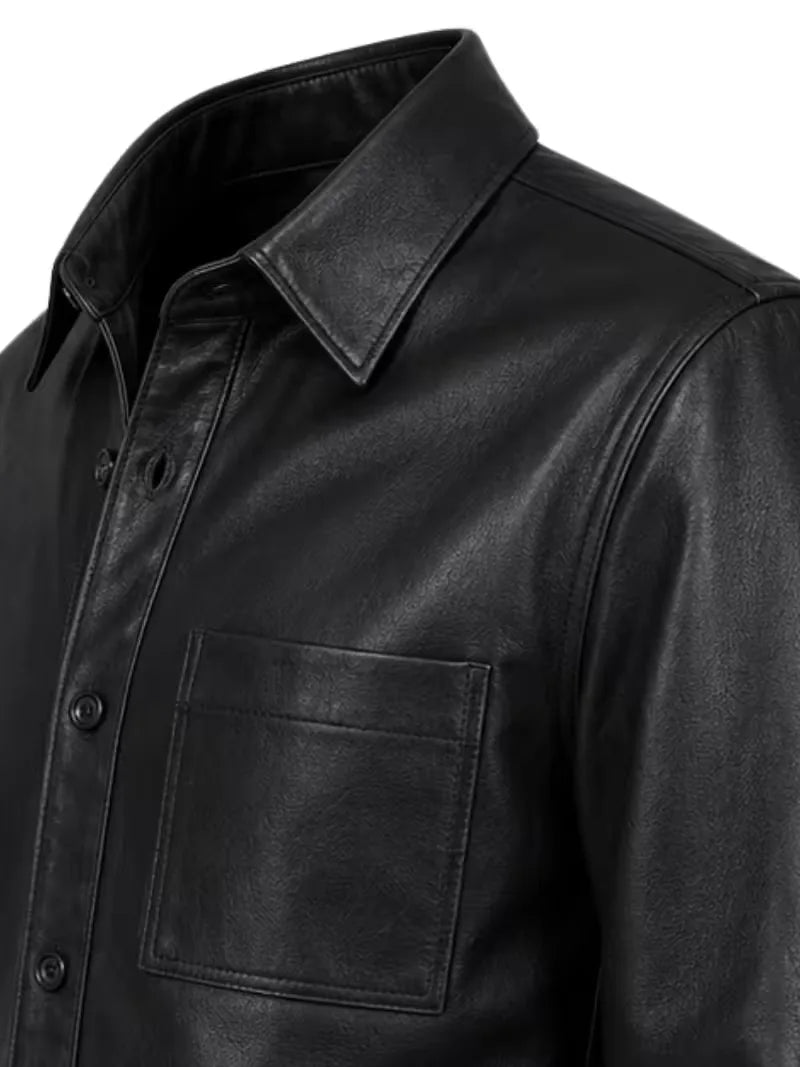 Men's black sheepskin leather shirt jacket, cuff detail