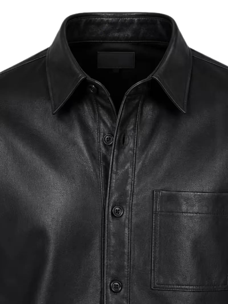 Men's black sheepskin leather shirt jacket, zip and closure detail