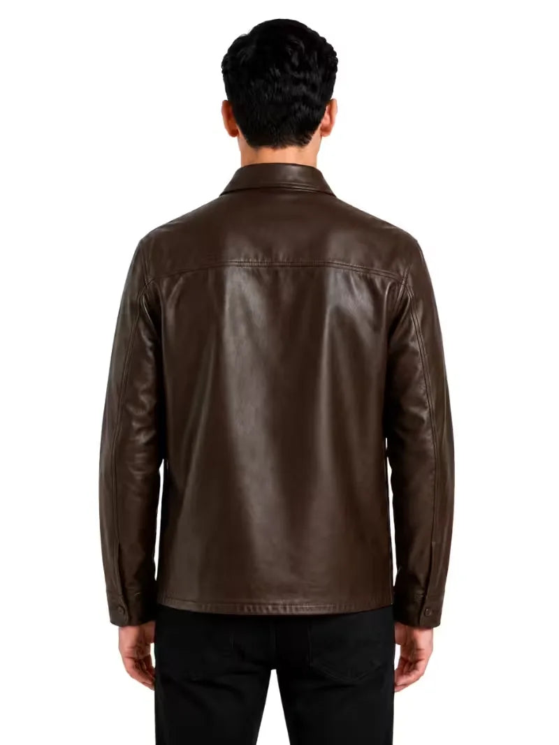 Men's black sheepskin leather shirt jacket, collar detail