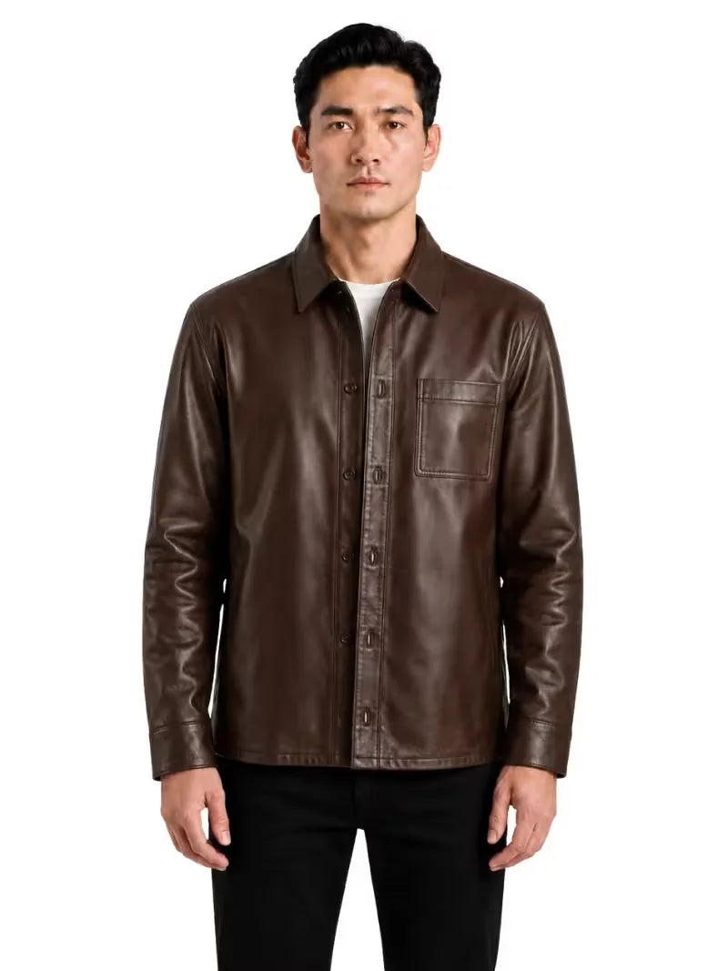Men's black sheepskin leather shirt jacket, side view