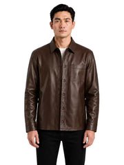 Men's black sheepskin leather shirt jacket, side view
