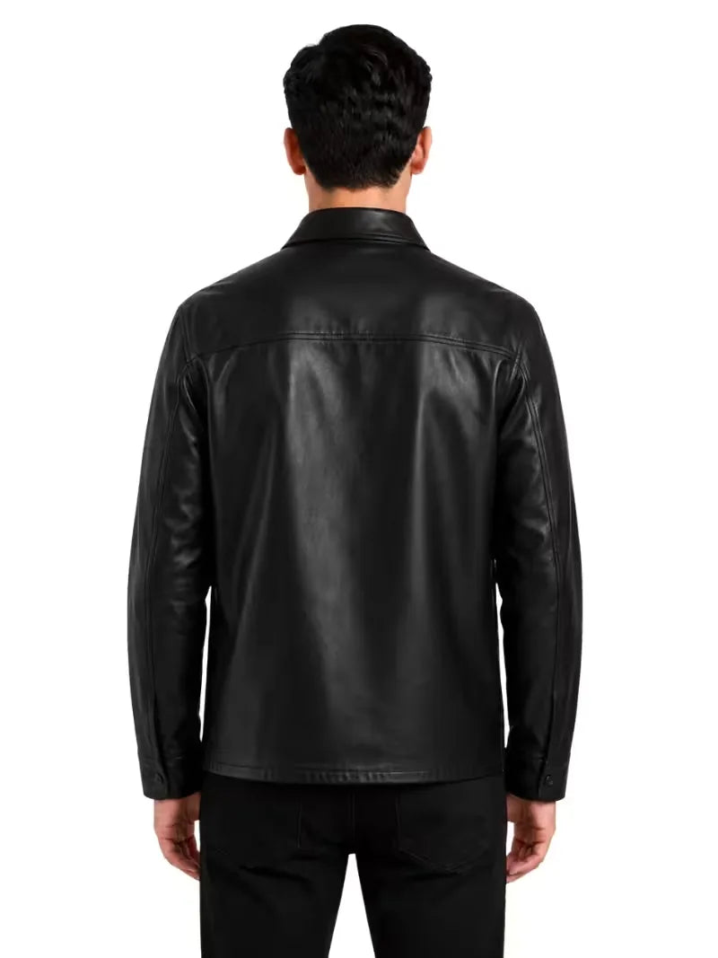 Men's black sheepskin leather shirt jacket, back view