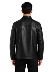 Men's black sheepskin leather shirt jacket, back view