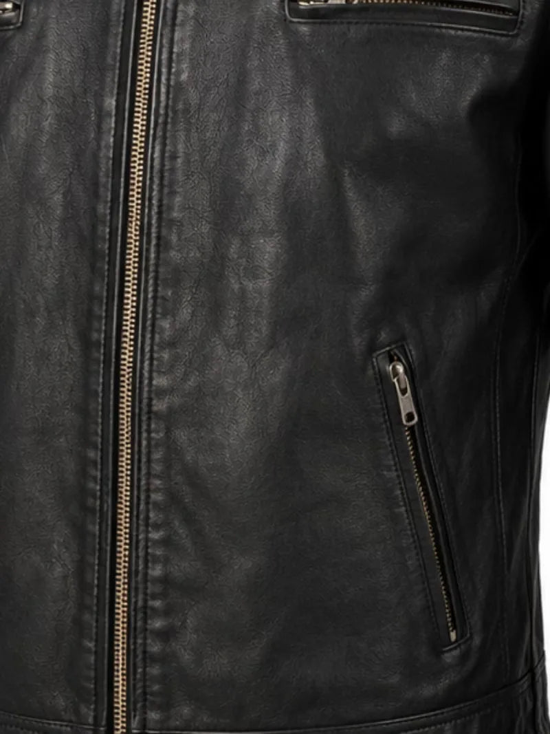 Men's black sheepskin leather jacket, pocket detail