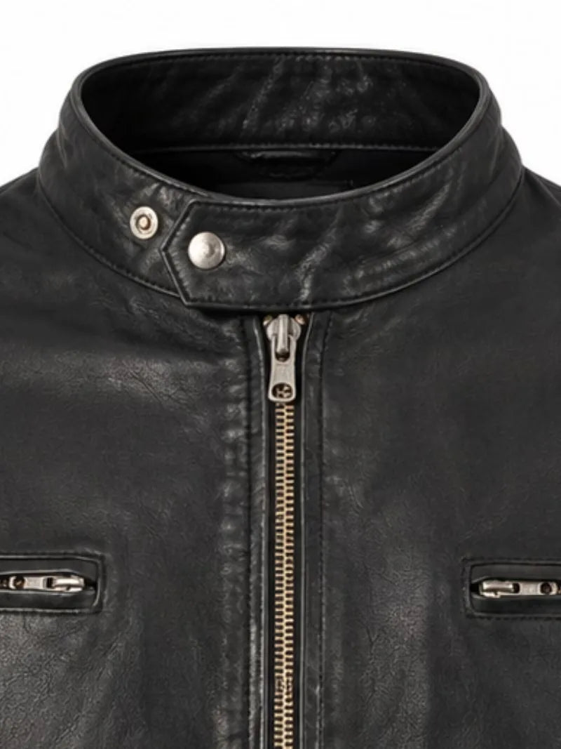 Men's black sheepskin leather jacket, zip and closure detail