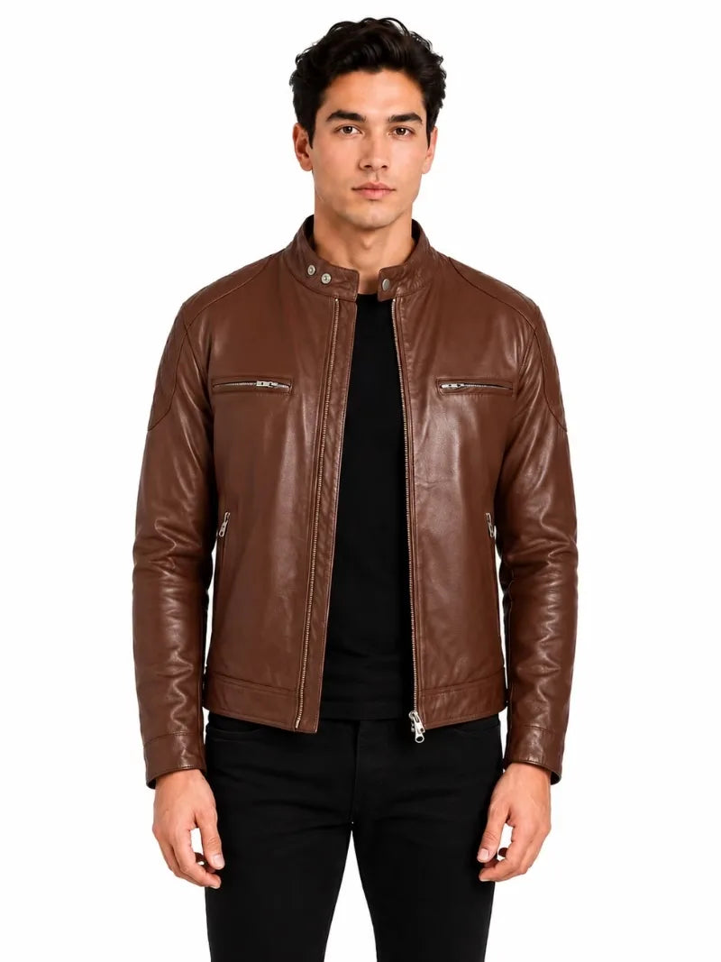 Men's black sheepskin leather jacket, side view