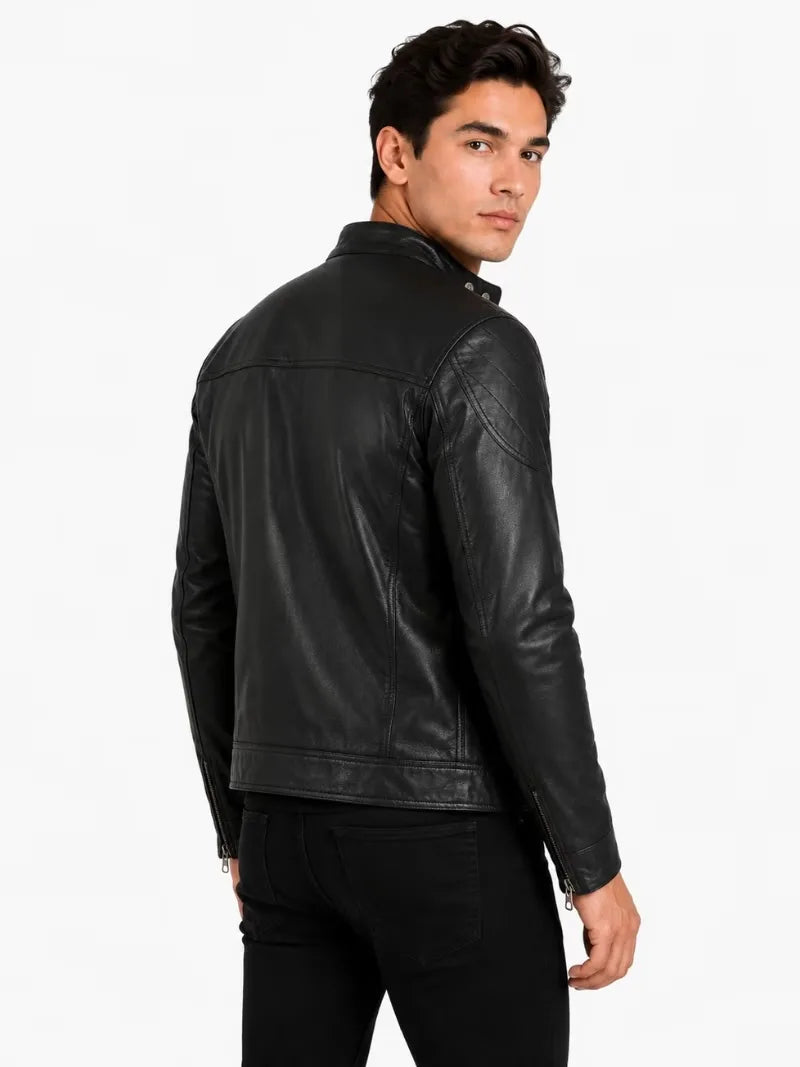 Men's black sheepskin leather jacket, back view