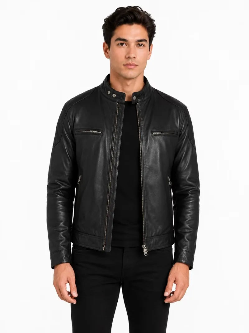 Men's black sheepskin leather jacket, front view