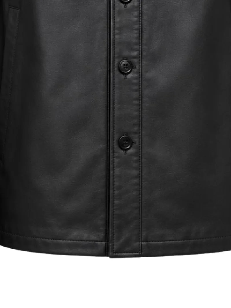 Men's black sheepskin leather shirt jacket, pocket detail