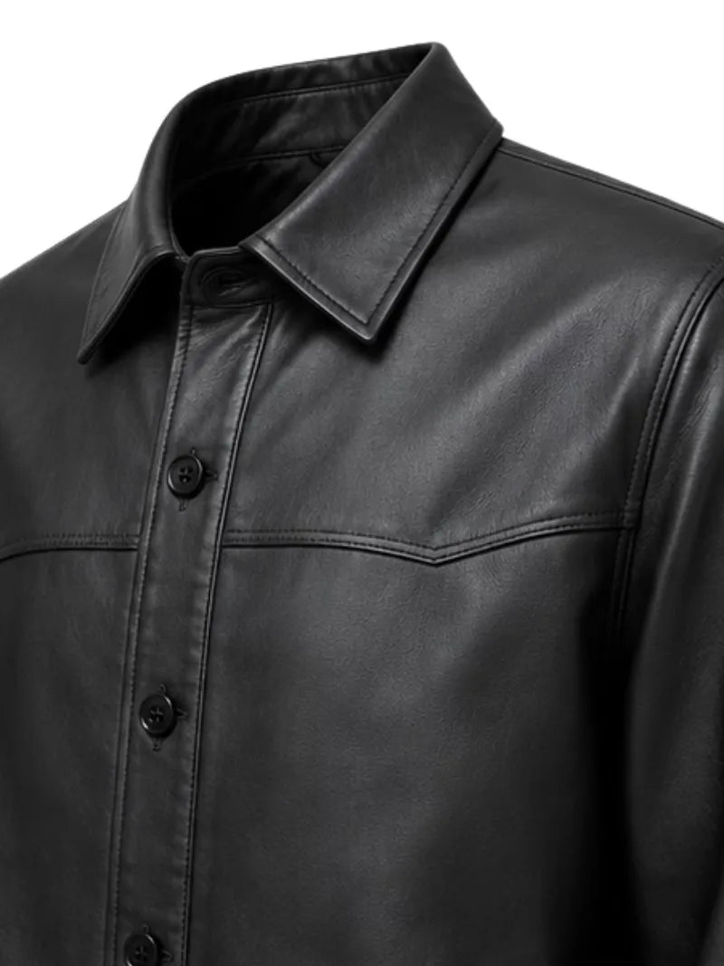 Men's black sheepskin leather shirt jacket, cuff detail