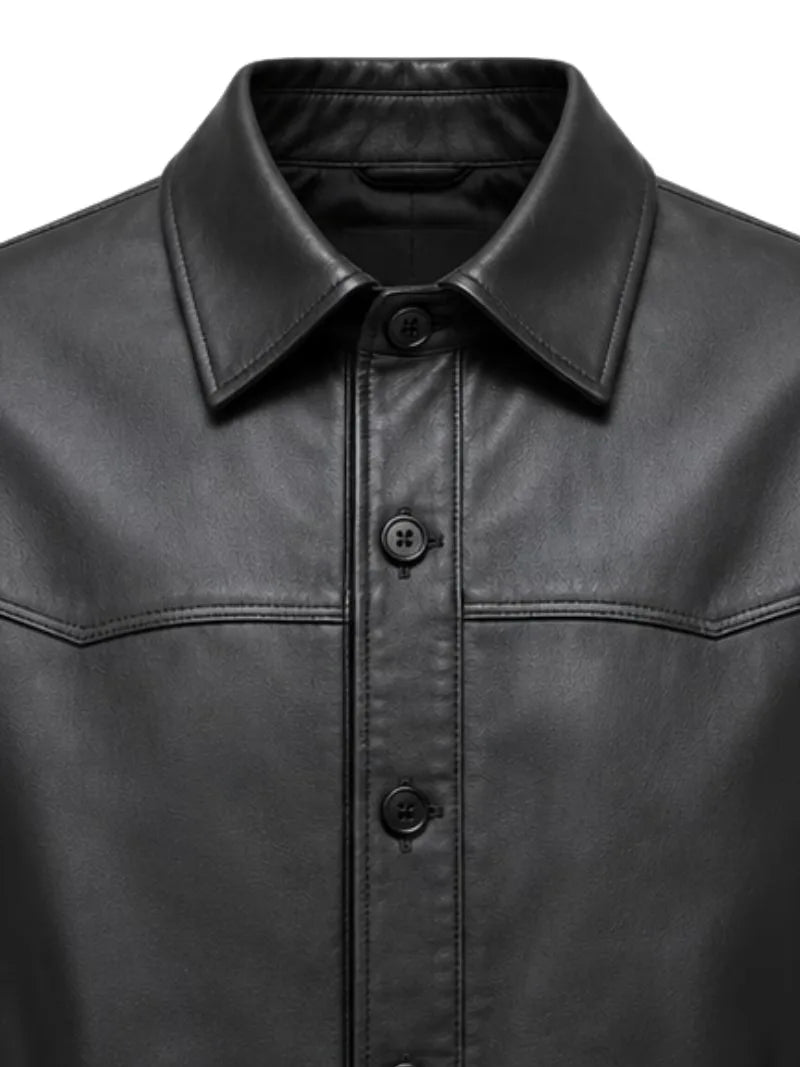 Men's black sheepskin leather shirt jacket, zip and closure detail