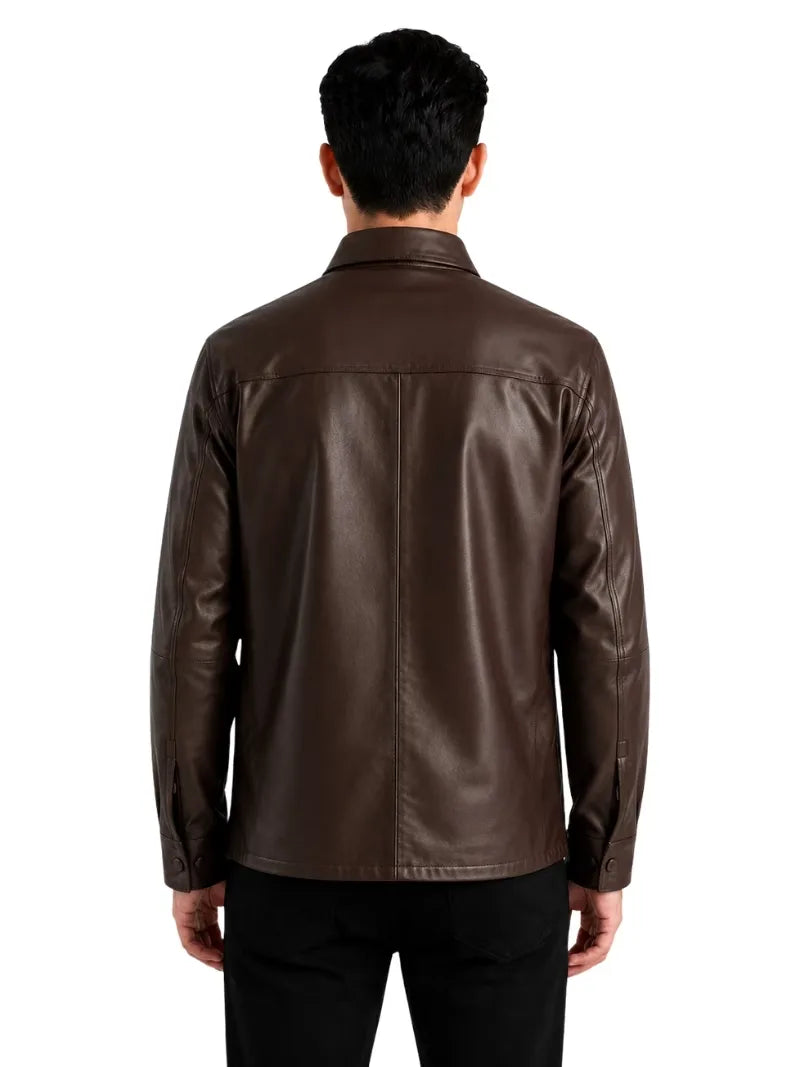 Men's black sheepskin leather shirt jacket, collar detail